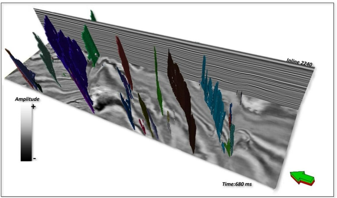 Fault planes generated from machine learning geobodies and shown in a seismic interpretation system