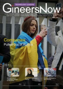 technology woman with Ukraine flag to protest Russia invasion