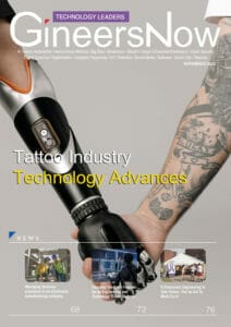 tattoo robot and human holding hands. GineersNow magazine front cover